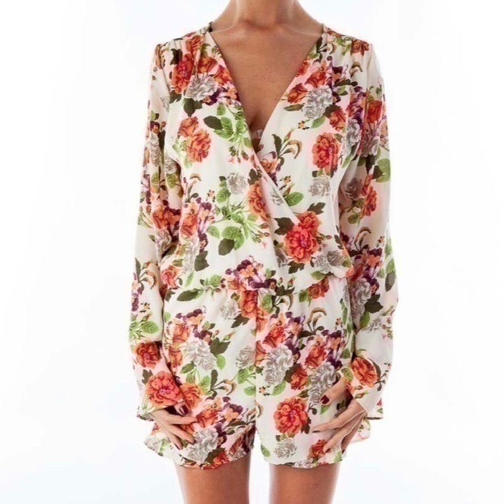 Honey Punch Surplice Wrap Long Sleeve Floral Romper Cream‎ Orange Green Small